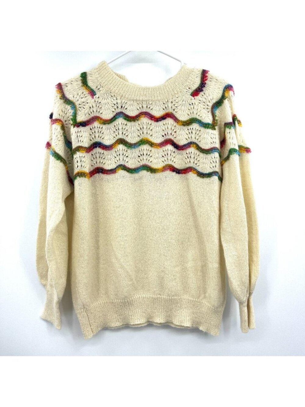 And The Why Cream Shimmer Rainbow Trim Keyhole Sweater Women's M/L